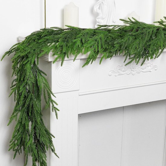 1 stuk Norfolk Pine Garland - Rotan Woondecoratie Kerstmis-Kunstmatige kerstkrans Groene lange dennenkrans -voor vakantie raam schoorsteenmantel binnen en buiten decoratie (1,8 m)