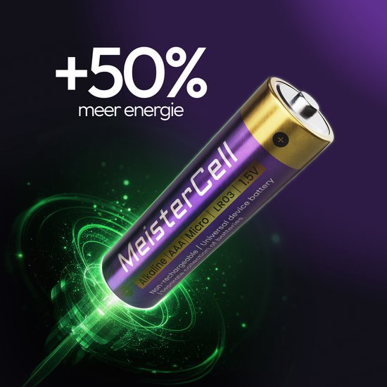 Een MeisterCell AAA-batterij die uit een gloeiende groene energiebaan komt, met de tekst '+50% meer energie'.