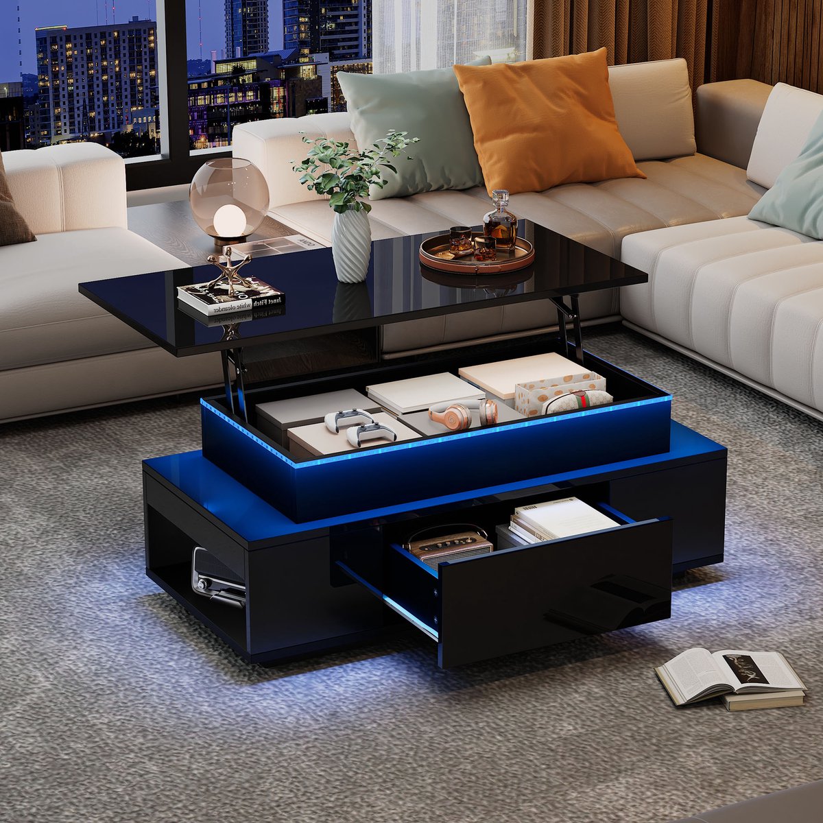 HAUSS SPOLE Salontafels - Koffietafel Met Verstelbaar Blad En LED Licht - Grote Opbergruimte En Lade - 96x45x40 cm - Spaanplaat - Zwart