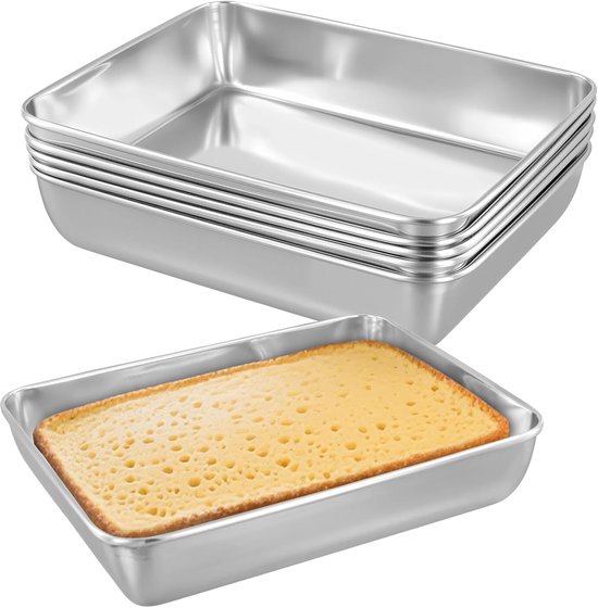 6pcs 25x20x5.3cm Stainless Steel Baking Trays - Rectangular Cake Moulds - Diepe Bakplaten - Zilveren Casserole Pannen voor Cake - Brownie - Brood en Voedsel Cake