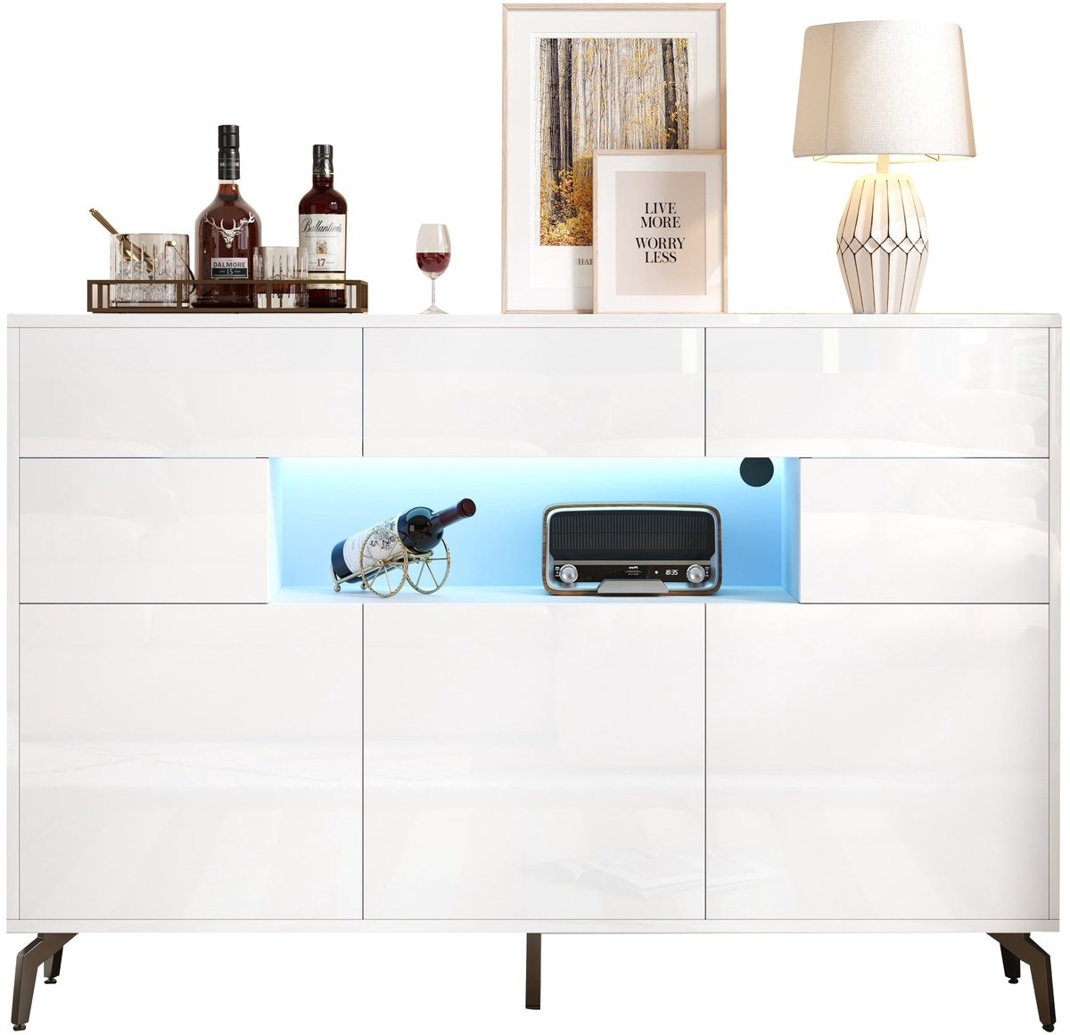 Merax Witte Dressoir met LED Verlichting - 140 cm Sideboard met 3 Lades en 5 Deuren - Hoogglans Opbergkast met 5 Metalen Poten - 140 x 30 x 94 cm