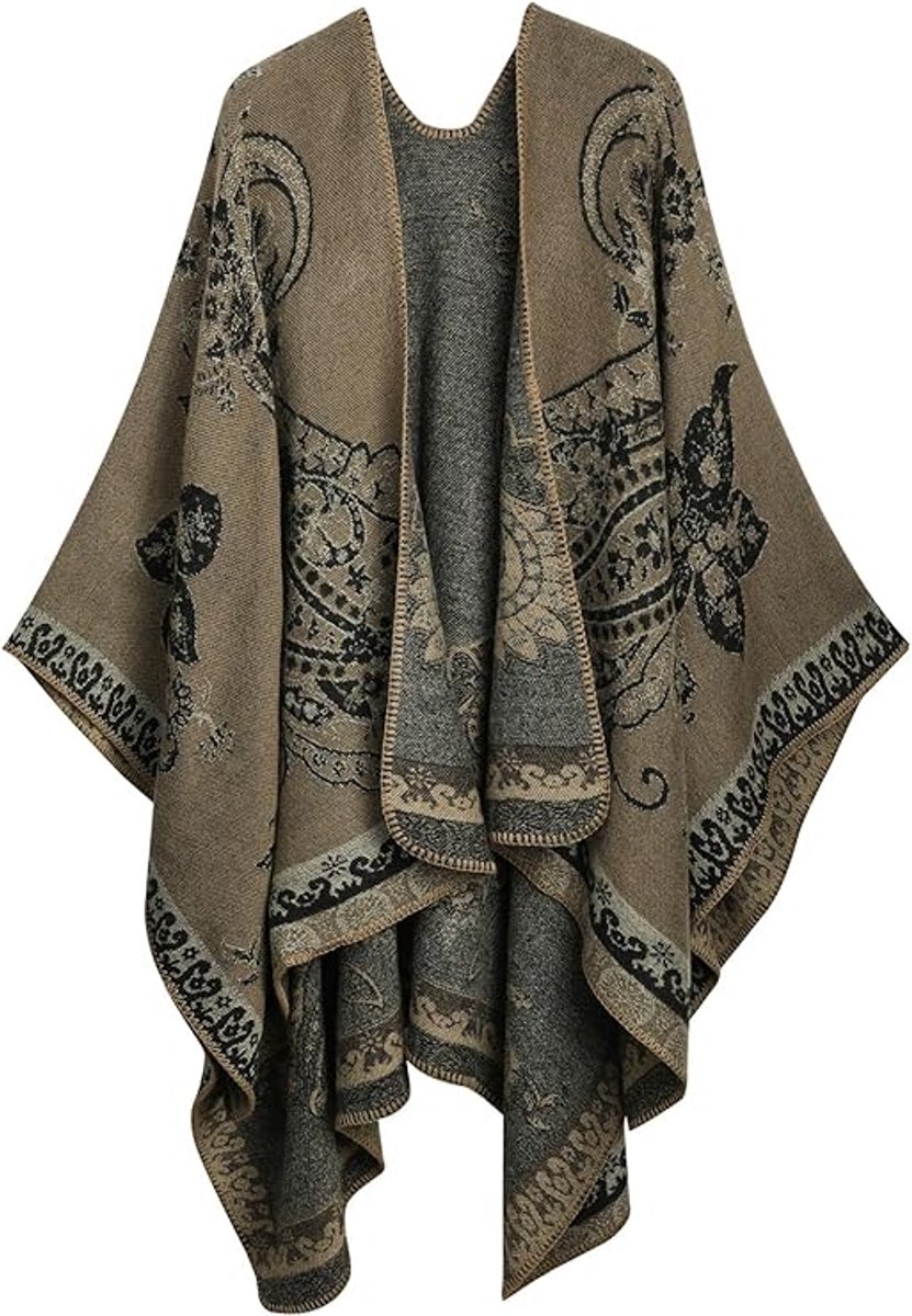 Dames poncho's capes herfst winter mode grote maten cardigan sjaal wrap open front cape - One-size - 130 x 160 cm - Khaki