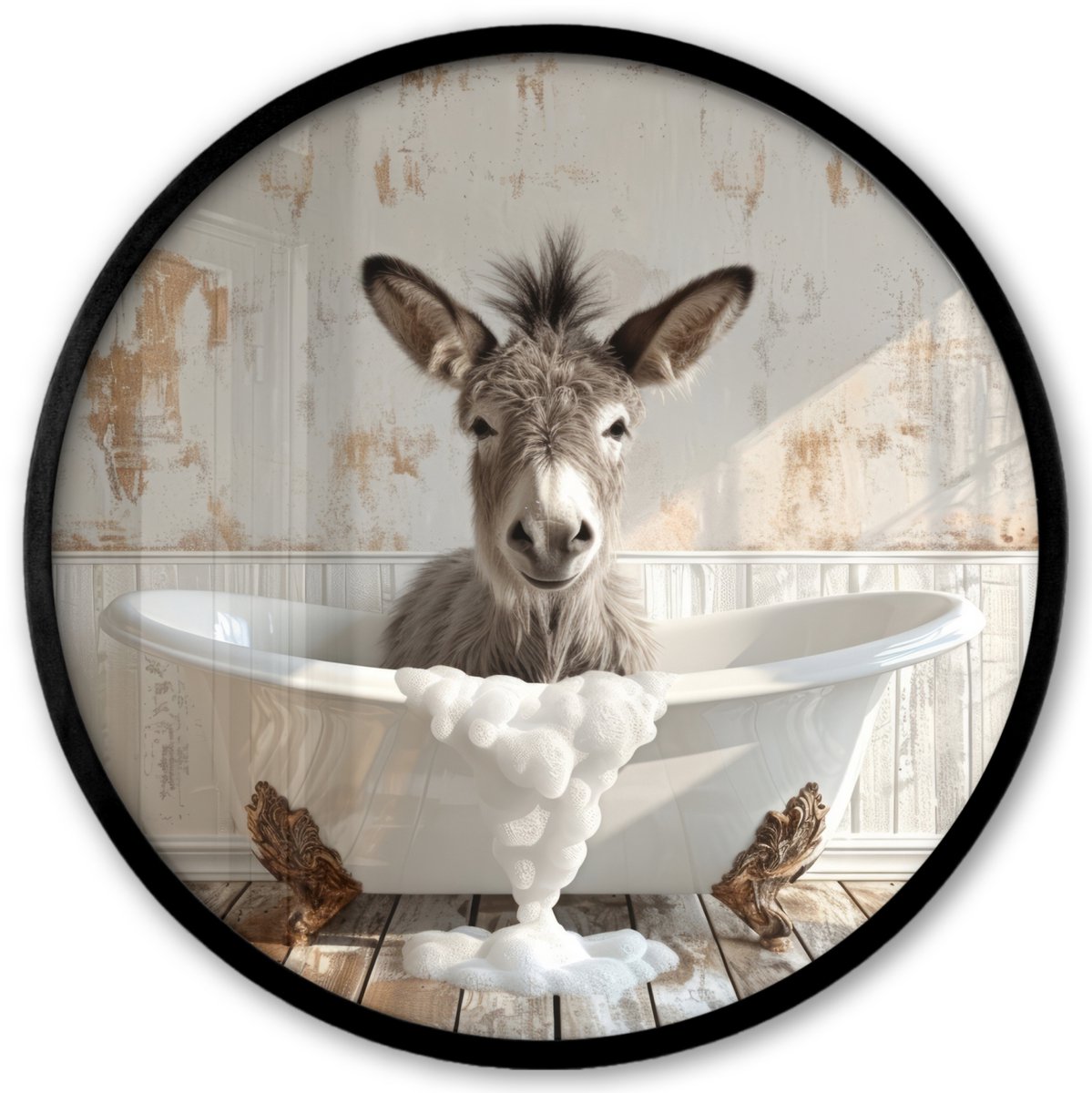 FrameYourWall Poster in lijst Rond - Fotolijst 40x40 cm - Posters - Ezel - Dieren - Badkuip - Schuim - Ronde posterlijst zwart - Decoratie - Wanddecoratie woonkamer - Muurdecoratie slaapkamer