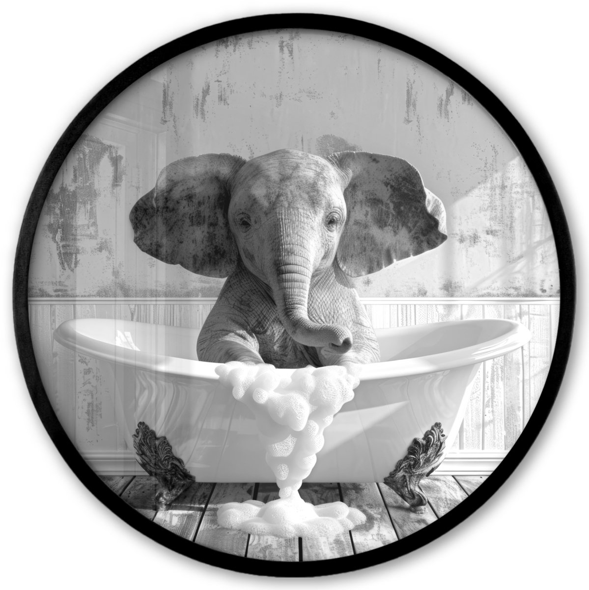 FrameYourWall Poster in lijst Rond - Fotolijst 40x40 cm - Posters - Olifant - Vintage - Dieren - Zwart - Wit - Ronde posterlijst zwart - Decoratie - Wanddecoratie woonkamer - Muurdecoratie slaapkamer Olifant - Badkuip