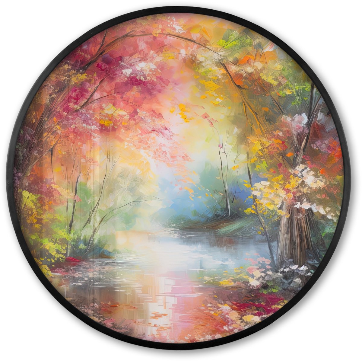 FrameYourWall Poster in lijst Rond - Fotolijst 80x80 cm - Posters - Landschap - Olieverf - Kleurrijk - Natuur - Ronde posterlijst zwart - Decoratie - Wanddecoratie woonkamer - Muurdecoratie slaapkamer Olieverf - Bos