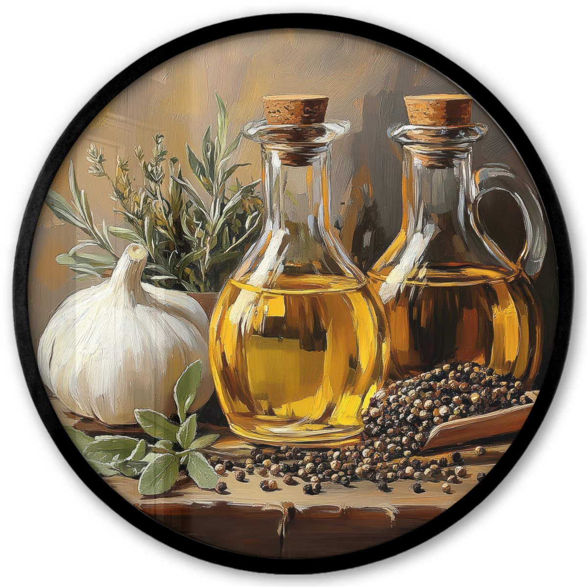 FrameYourWall Poster in lijst Rond - Fotolijst 40x40 cm - Posters - Stilleven - Olijfolie - Knoflook - Kruiden - Ronde posterlijst zwart - Decoratie - Wanddecoratie woonkamer - Muurdecoratie slaapkamer