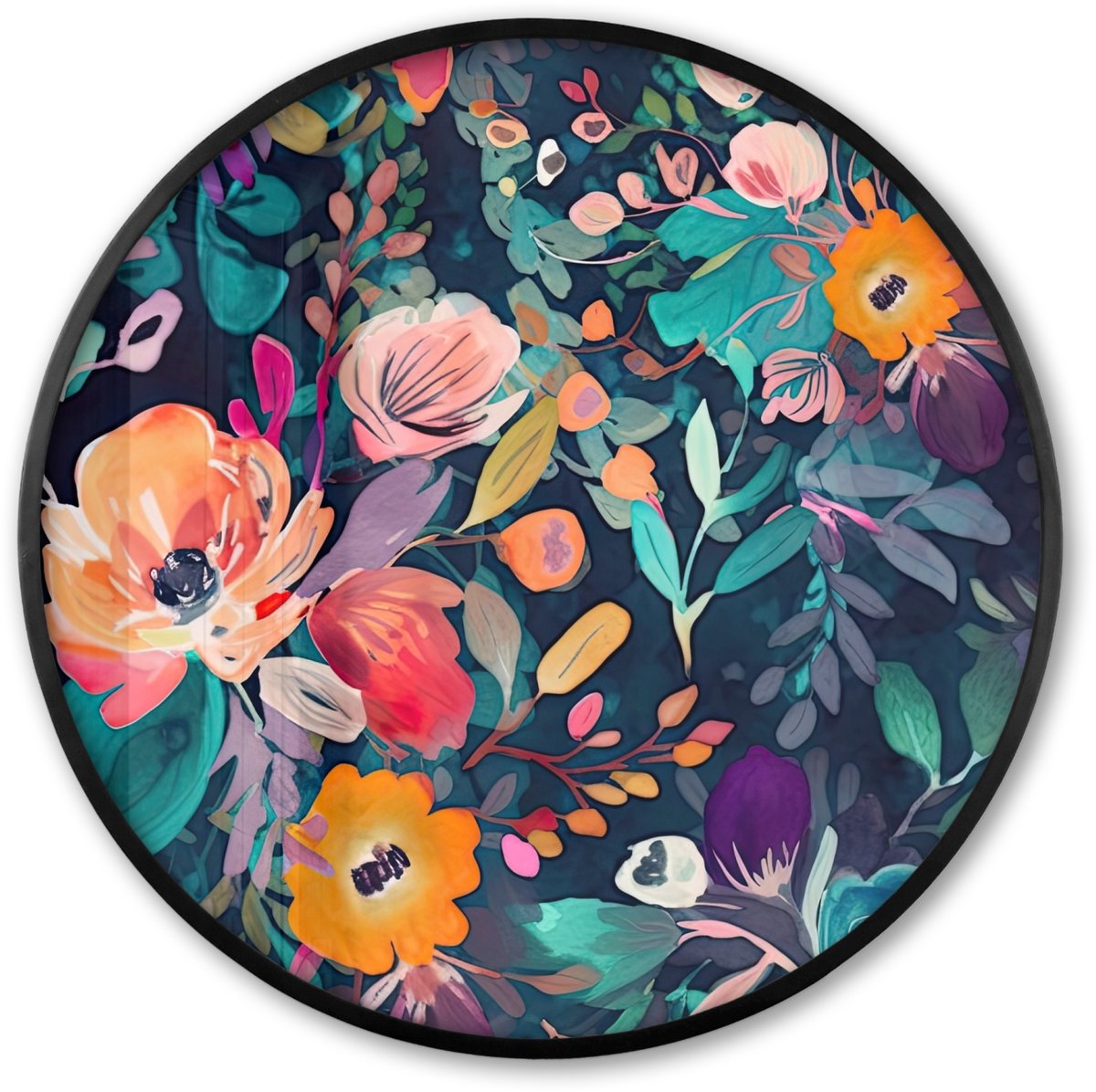 FrameYourWall Poster in lijst Rond - Fotolijst 80x80 cm - Posters - Kleurrijk - Bloemen - Kunst - Natuur - Hippie - Ronde posterlijst zwart - Decoratie - Wanddecoratie woonkamer - Muurdecoratie slaapkamer Multicolor