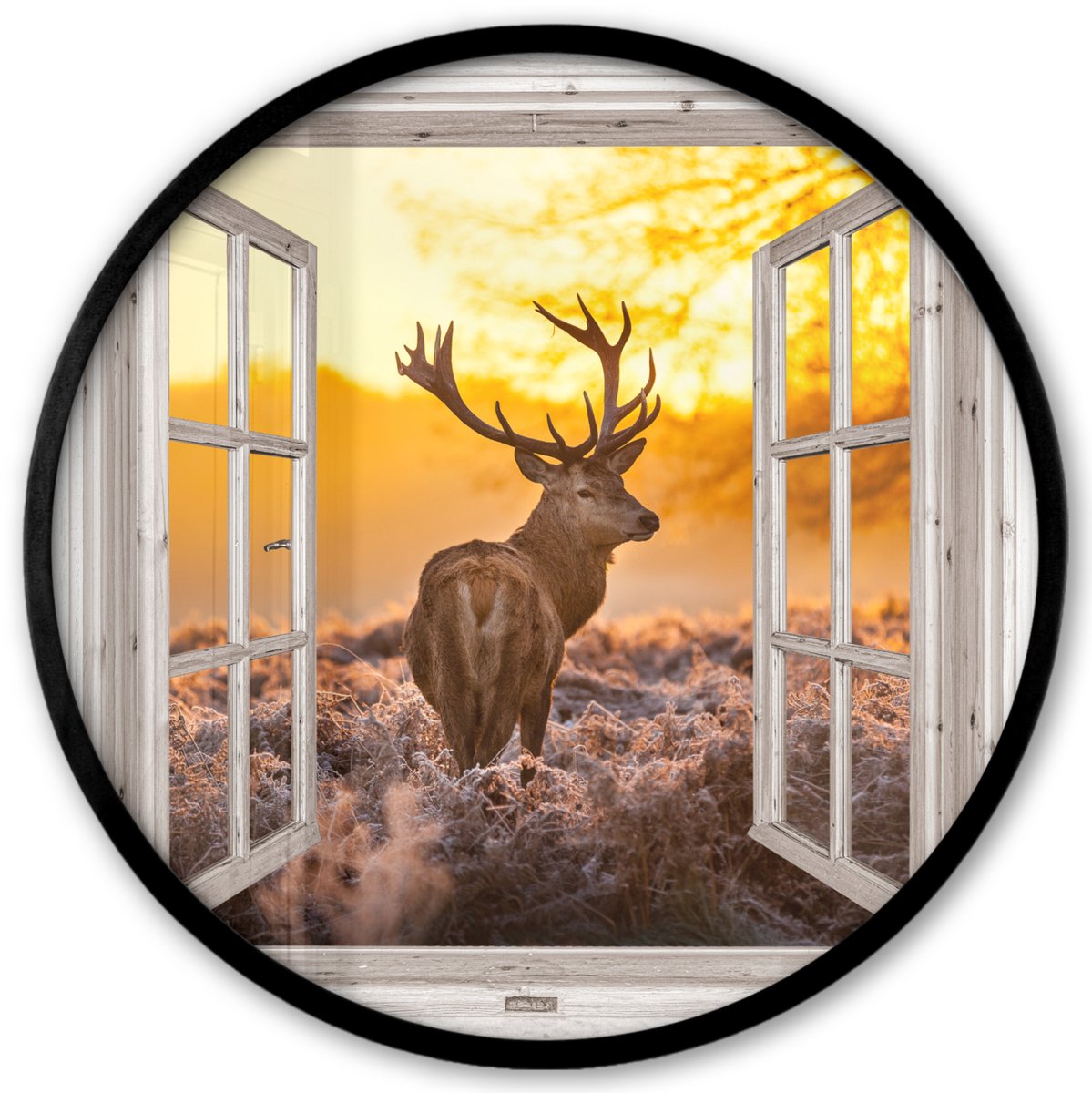 FrameYourWall Poster in lijst Rond - Fotolijst 40x40 cm - Posters - Hert - Herfst - Dieren - Natuur - Bos - Doorkijk - Ronde posterlijst zwart - Decoratie - Wanddecoratie woonkamer - Muurdecoratie slaapkamer