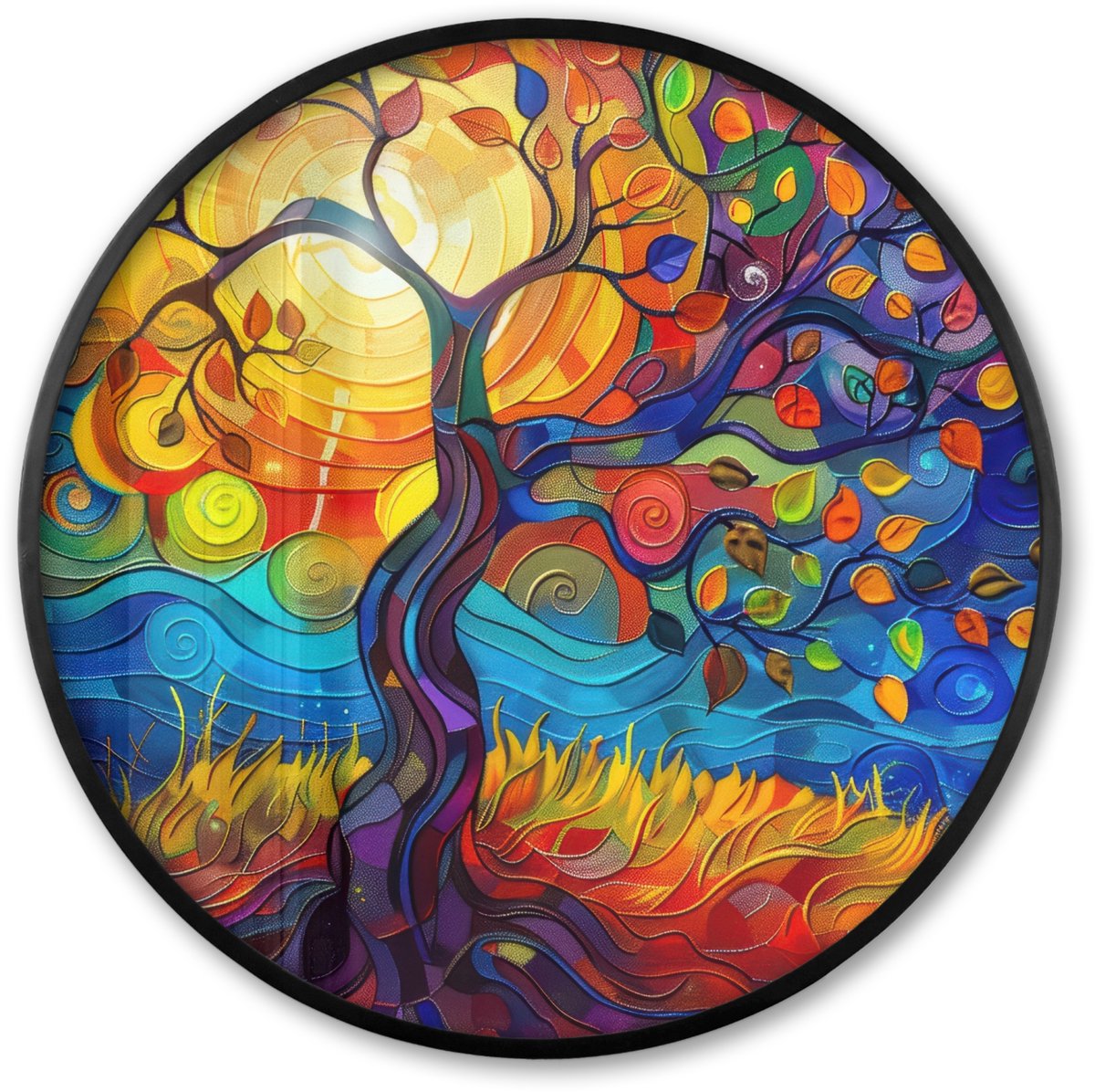 FrameYourWall Poster in lijst Rond - Fotolijst 80x80 cm - Posters - Boom - Zon - Verflook - Kleuren - Abstract - Ronde posterlijst zwart - Decoratie - Wanddecoratie woonkamer - Muurdecoratie slaapkamer Levensboom