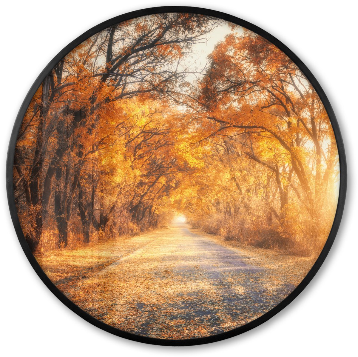 FrameYourWall Poster in lijst Rond - Fotolijst 60x60 cm - Posters - Bos - Herfst - Bomen - Bospad - Natuur - Ronde posterlijst zwart - Decoratie - Wanddecoratie woonkamer - Muurdecoratie slaapkamer Oranje