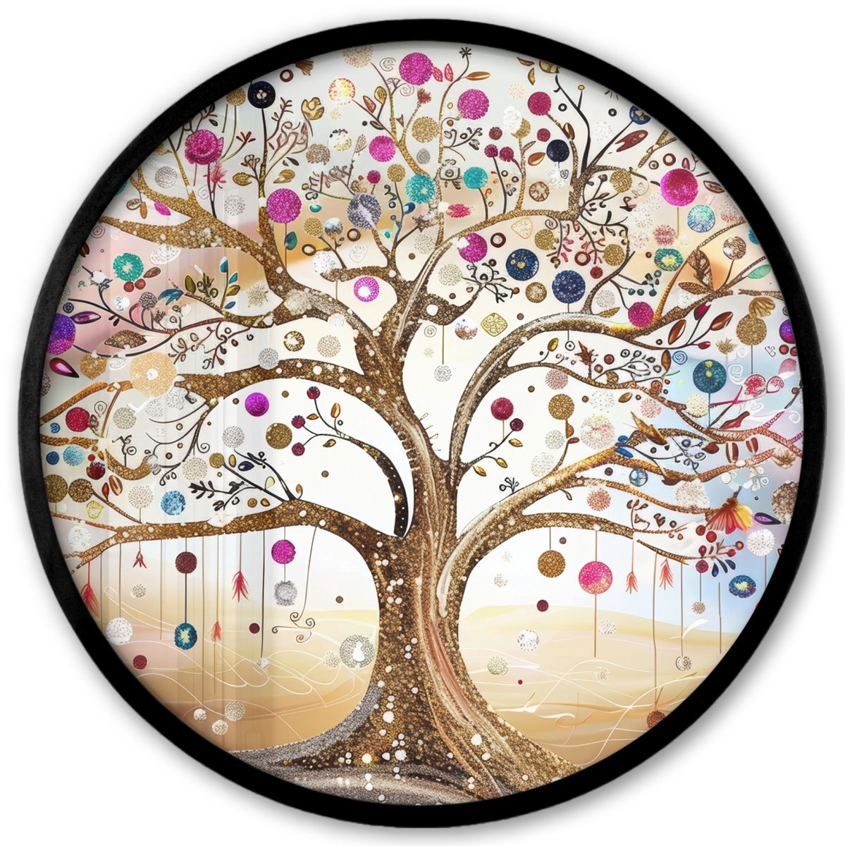 FrameYourWall Poster in lijst Rond - Fotolijst 40x40 cm - Posters - Levensboom - Goud - Kleurrijk - Abstract - Aesthetic - Ronde posterlijst zwart - Decoratie - Wanddecoratie woonkamer - Muurdecoratie slaapkamer Boom - Roze - Goud