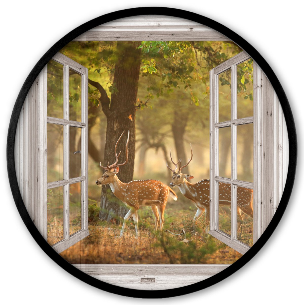 FrameYourWall Poster in lijst Rond - Fotolijst 40x40 cm - Posters - Herten - Bos - Herfst - Bosdieren - Natuur - Hert - Doorkijk - Ronde posterlijst zwart - Decoratie - Wanddecoratie woonkamer - Muurdecoratie slaapkamer