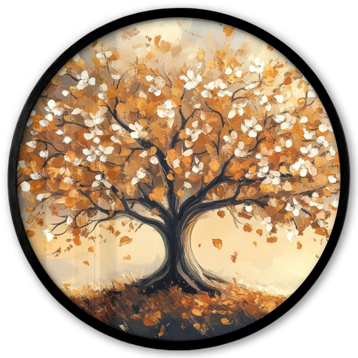 FrameYourWall Poster in lijst Rond - Fotolijst 40x40 cm - Posters - Herfst - Boom - Oranje - Bladeren - Levensboom - Abstract - Ronde posterlijst zwart - Decoratie - Wanddecoratie woonkamer - Muurdecoratie slaapkamer