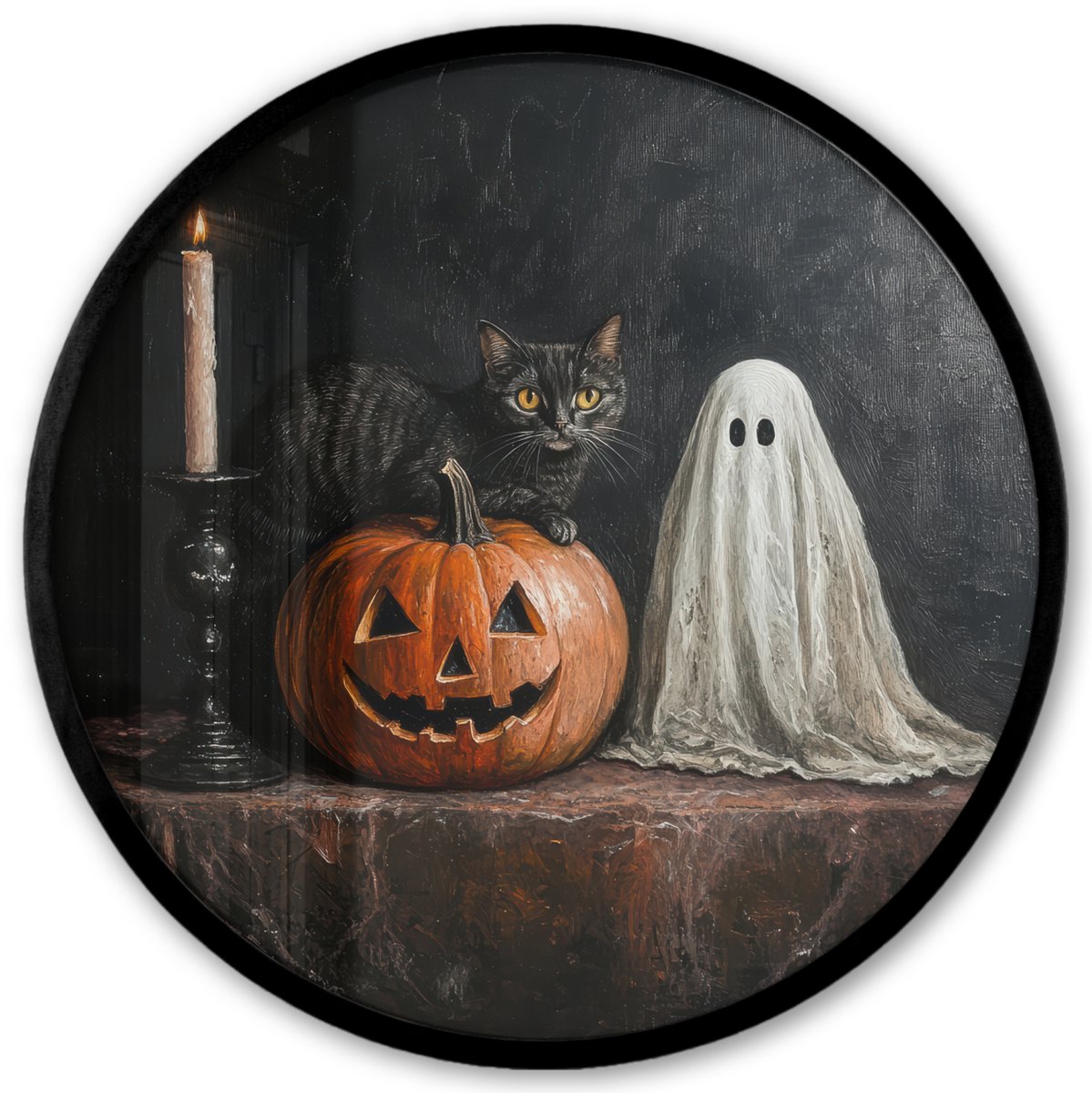 FrameYourWall Poster in lijst Rond - Fotolijst 40x40 cm - Posters - Halloween - Pompoen - Spook - Zwarte kat - Stilleven - Ronde posterlijst zwart - Decoratie - Wanddecoratie woonkamer - Muurdecoratie slaapkamer Halloween - Spookje en pompoen
