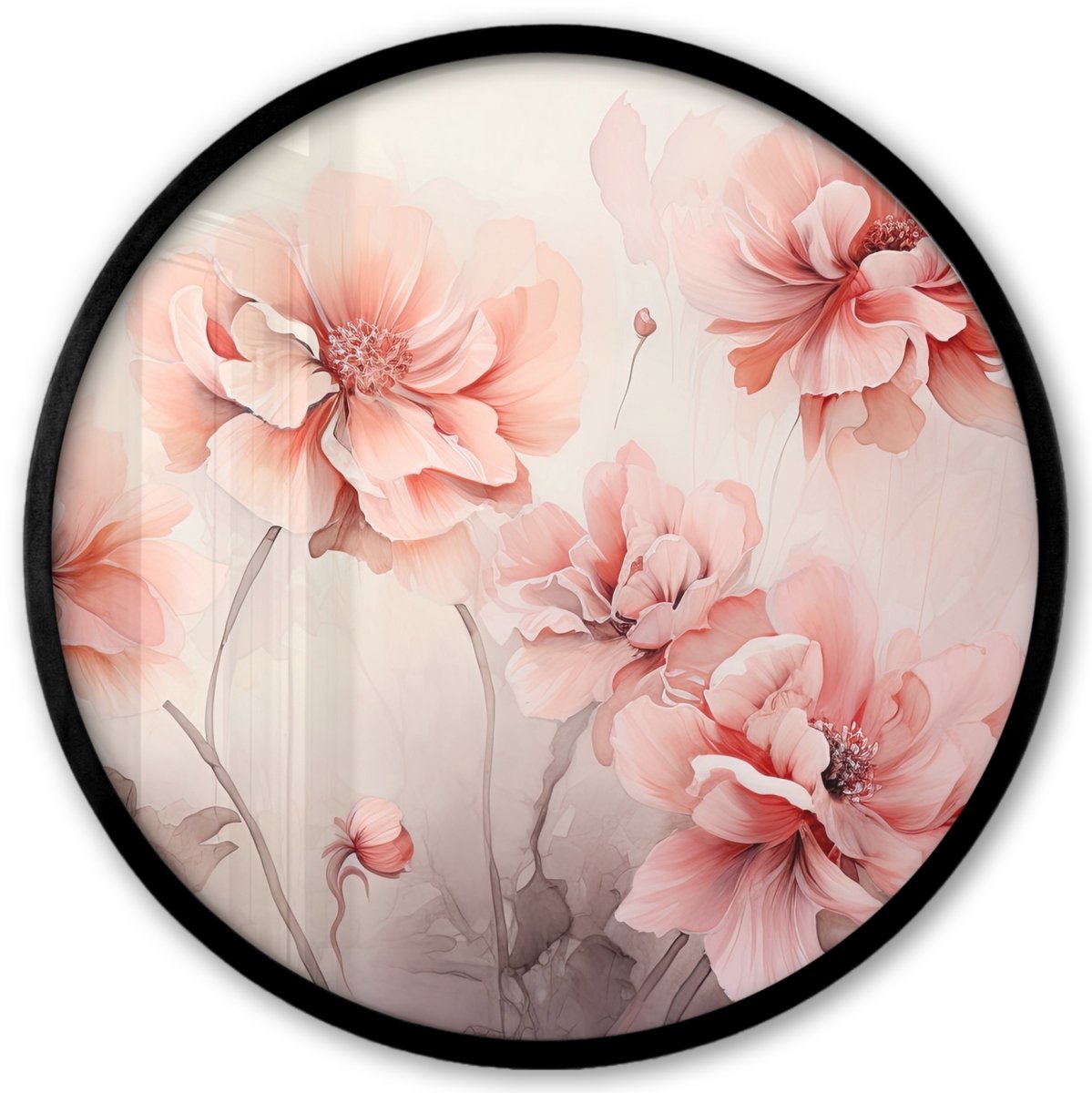 FrameYourWall Poster in lijst Rond - Fotolijst 40x40 cm - Posters - Bloemen - Roze - Kunst - Abstract - Aquarel - Ronde posterlijst zwart - Decoratie - Wanddecoratie woonkamer - Muurdecoratie slaapkamer Roze bloemen - Pastel