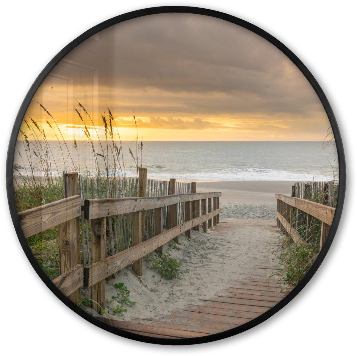 FrameYourWall Poster in lijst Rond - Fotolijst 60x60 cm - Posters - Strand - Zee - Duin - Pad - Ronde posterlijst zwart - Decoratie - Wanddecoratie woonkamer - Muurdecoratie slaapkamer Multicolor