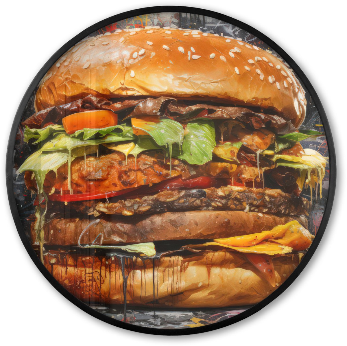 FrameYourWall Poster in lijst Rond - Fotolijst 80x80 cm - Posters - Burger - Eten - Kunst - Grijs - Graffiti - Ronde posterlijst zwart - Decoratie - Wanddecoratie woonkamer - Muurdecoratie slaapkamer Multicolor