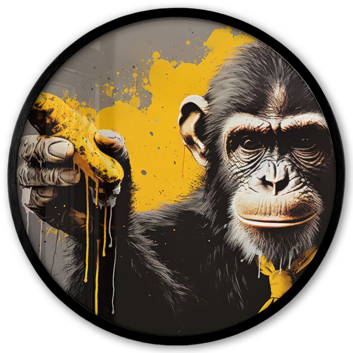 FrameYourWall Poster in lijst Rond - Fotolijst 40x40 cm - Posters - Aap - Chimpansee - Banaan - Geel - Dieren - Stropdas - Ronde posterlijst zwart - Decoratie - Wanddecoratie woonkamer - Muurdecoratie slaapkamer Multicolor