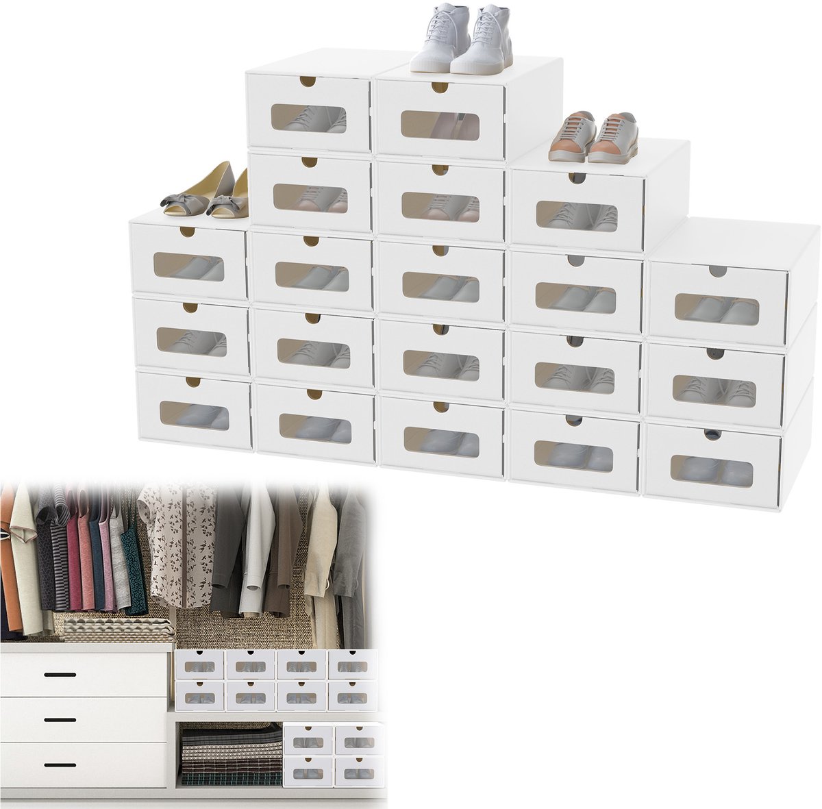 20er Stapelbaar Doosenset – Schuifkastdoos Met Zichtvenster Uit Krachtpapier, Schoen- En Speelgoeddoos Voor De Opberging Van Accessoires, 23,5 X 34,5 X 13,5 Cm - Wit