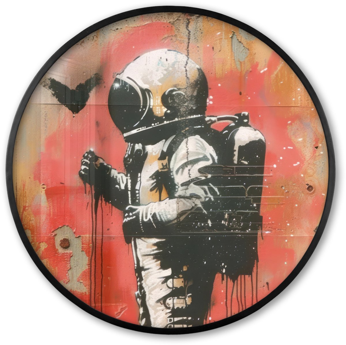FrameYourWall Poster in lijst Rond - Fotolijst 60x60 cm - Posters - Graffiti - Astronaut - Street art - Ruimte - Ronde posterlijst zwart - Decoratie - Wanddecoratie woonkamer - Muurdecoratie slaapkamer