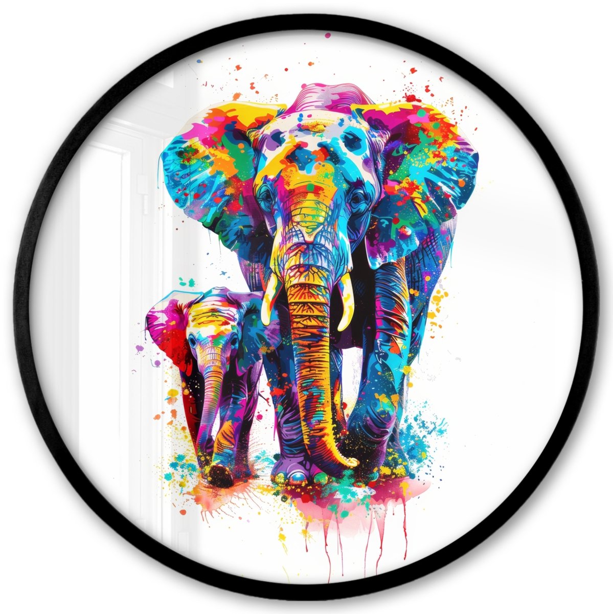 FrameYourWall Poster in lijst Rond - Fotolijst 40x40 cm - Posters - Olifanten - Dieren - Verf - Kleurrijk - Ronde posterlijst zwart - Decoratie - Wanddecoratie woonkamer - Muurdecoratie slaapkamer