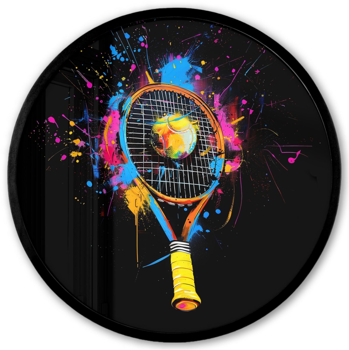 FrameYourWall Poster in lijst Rond - Fotolijst 40x40 cm - Posters - Graffiti - Sport - Tennis - Raket - Bal - Ronde posterlijst zwart - Decoratie - Wanddecoratie woonkamer - Muurdecoratie slaapkamer