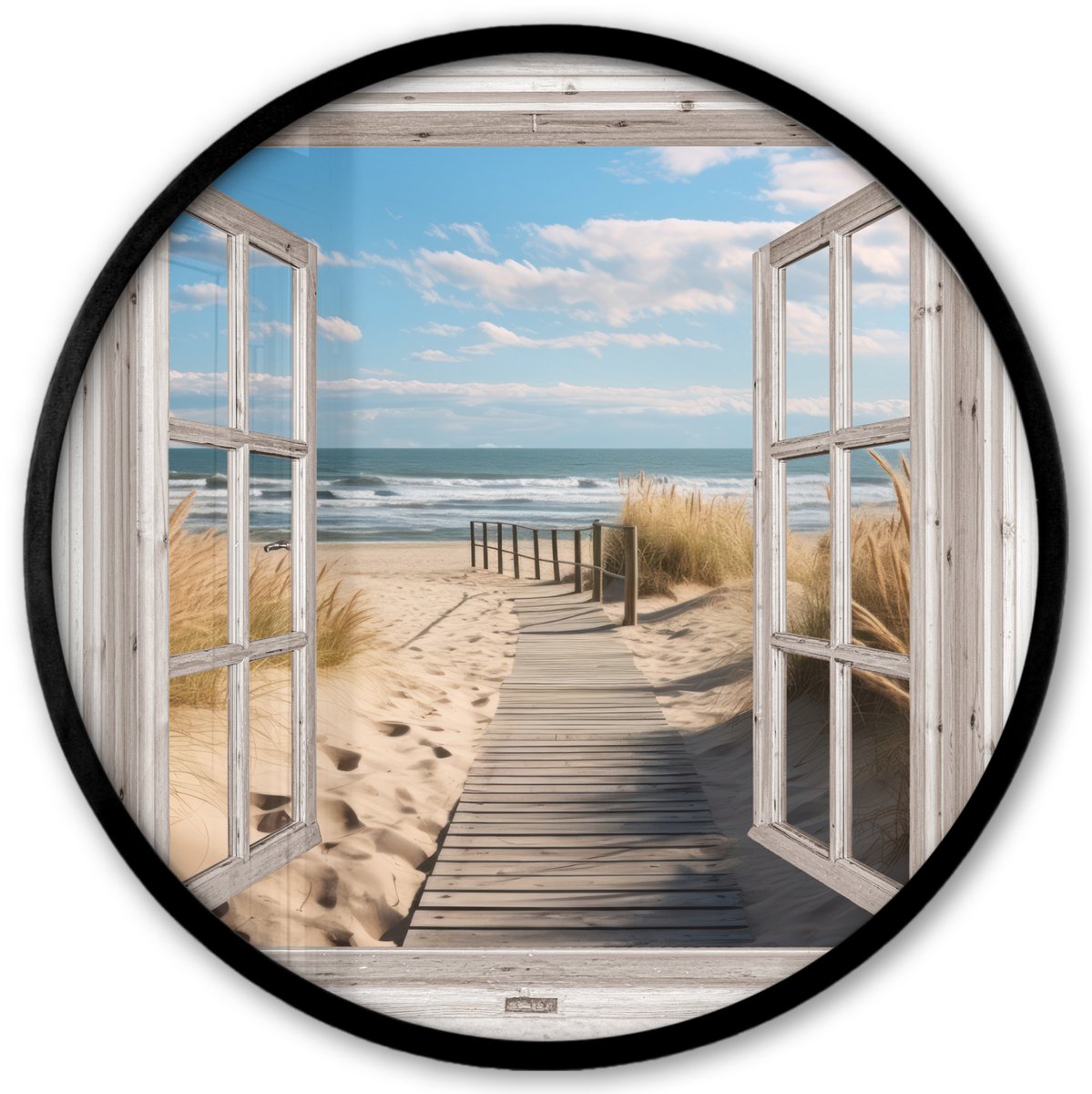 FrameYourWall Poster in lijst Rond - Fotolijst 40x40 cm - Posters - Doorkijk - Strand - Natuur - Pad - Ronde posterlijst zwart - Decoratie - Wanddecoratie woonkamer - Muurdecoratie slaapkamer Multicolor