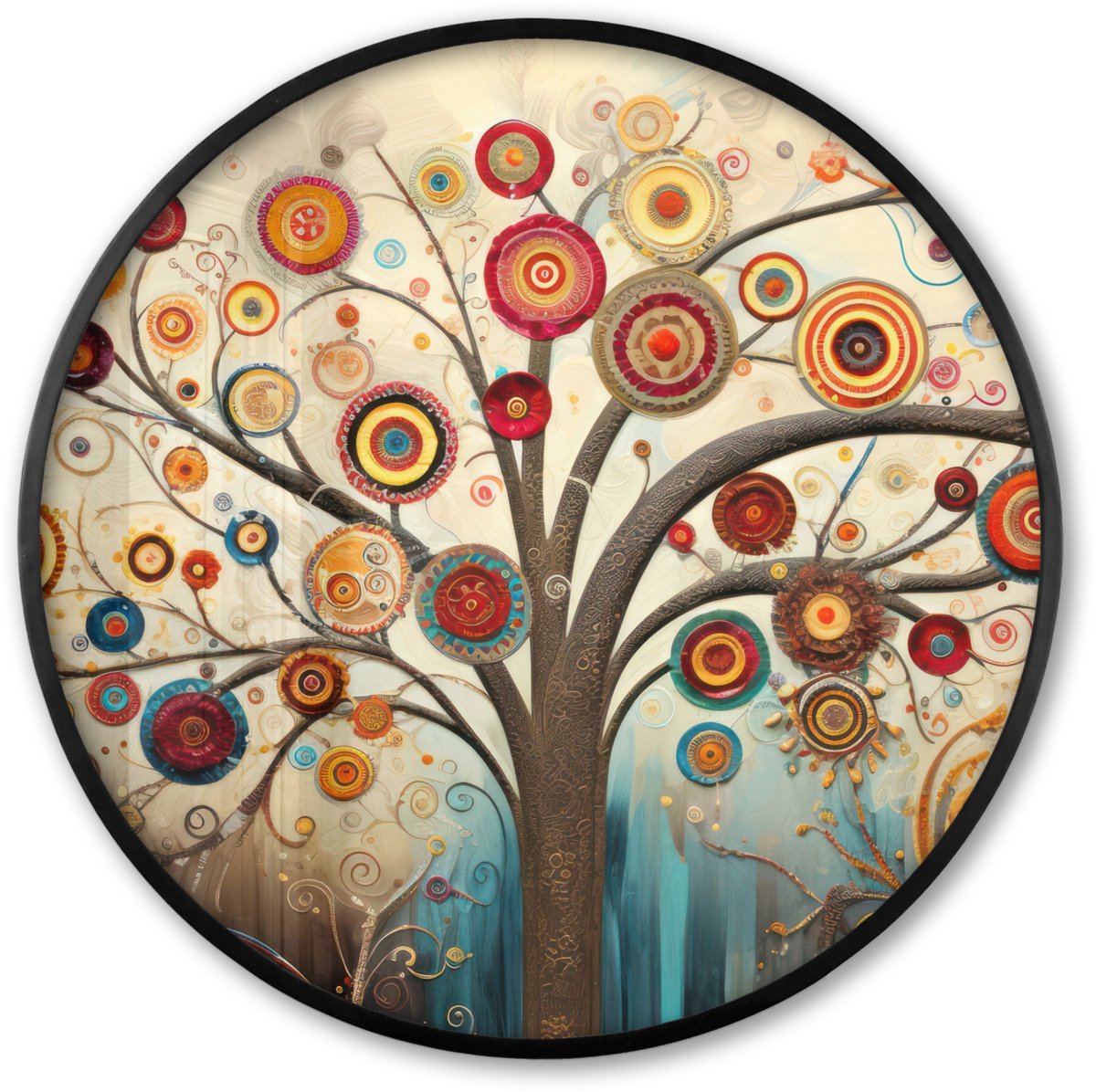 FrameYourWall Poster in lijst Rond - Fotolijst 80x80 cm - Posters - Boom - Abstract - Kleur - Levensboom - Bohemian - Ronde posterlijst zwart - Decoratie - Wanddecoratie woonkamer - Muurdecoratie slaapkamer