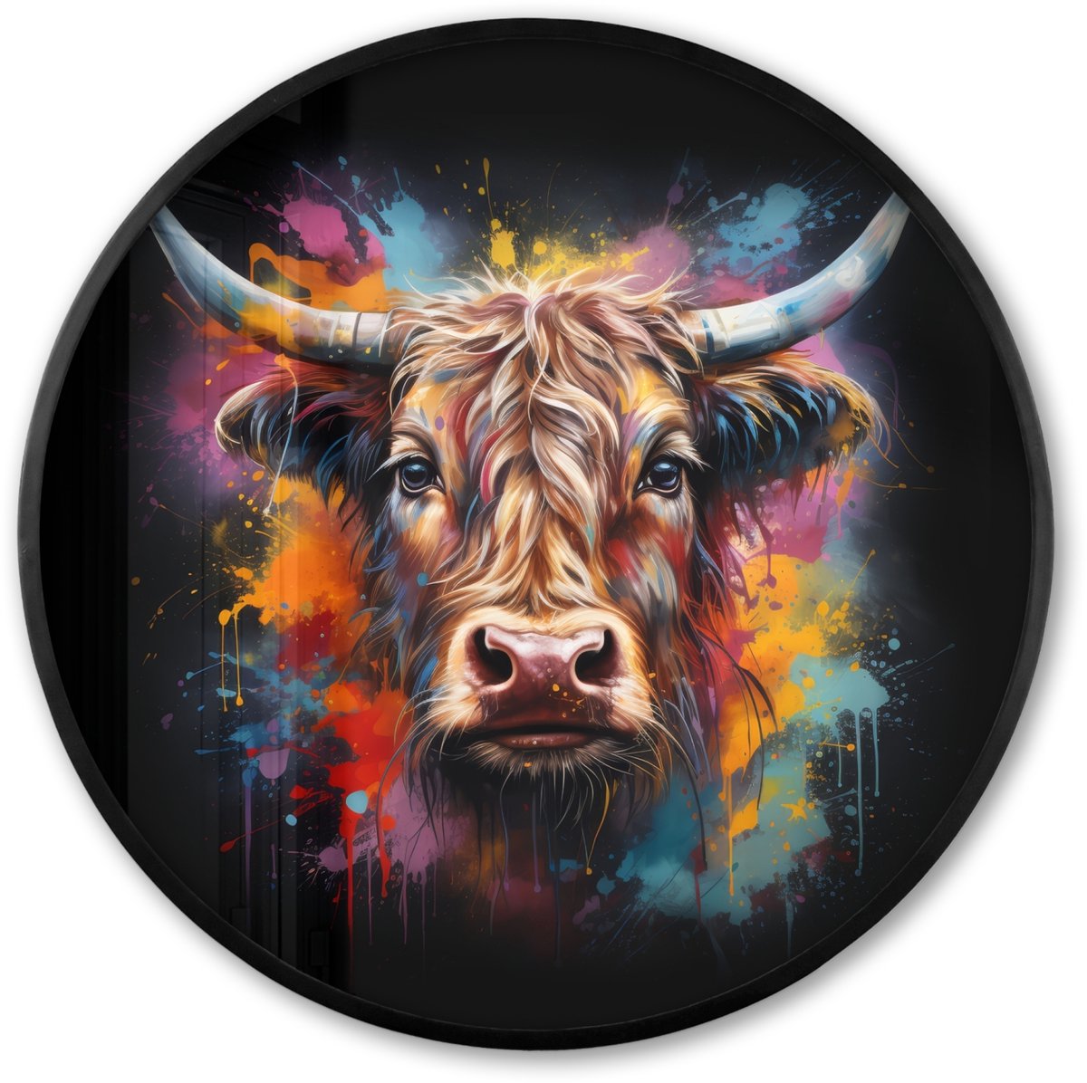 FrameYourWall Poster in lijst Rond - Fotolijst 80x80 cm - Posters - Graffiti - Schotse hooglander - Zwart - Koe - Ronde posterlijst zwart - Decoratie - Wanddecoratie woonkamer - Muurdecoratie slaapkamer Multi