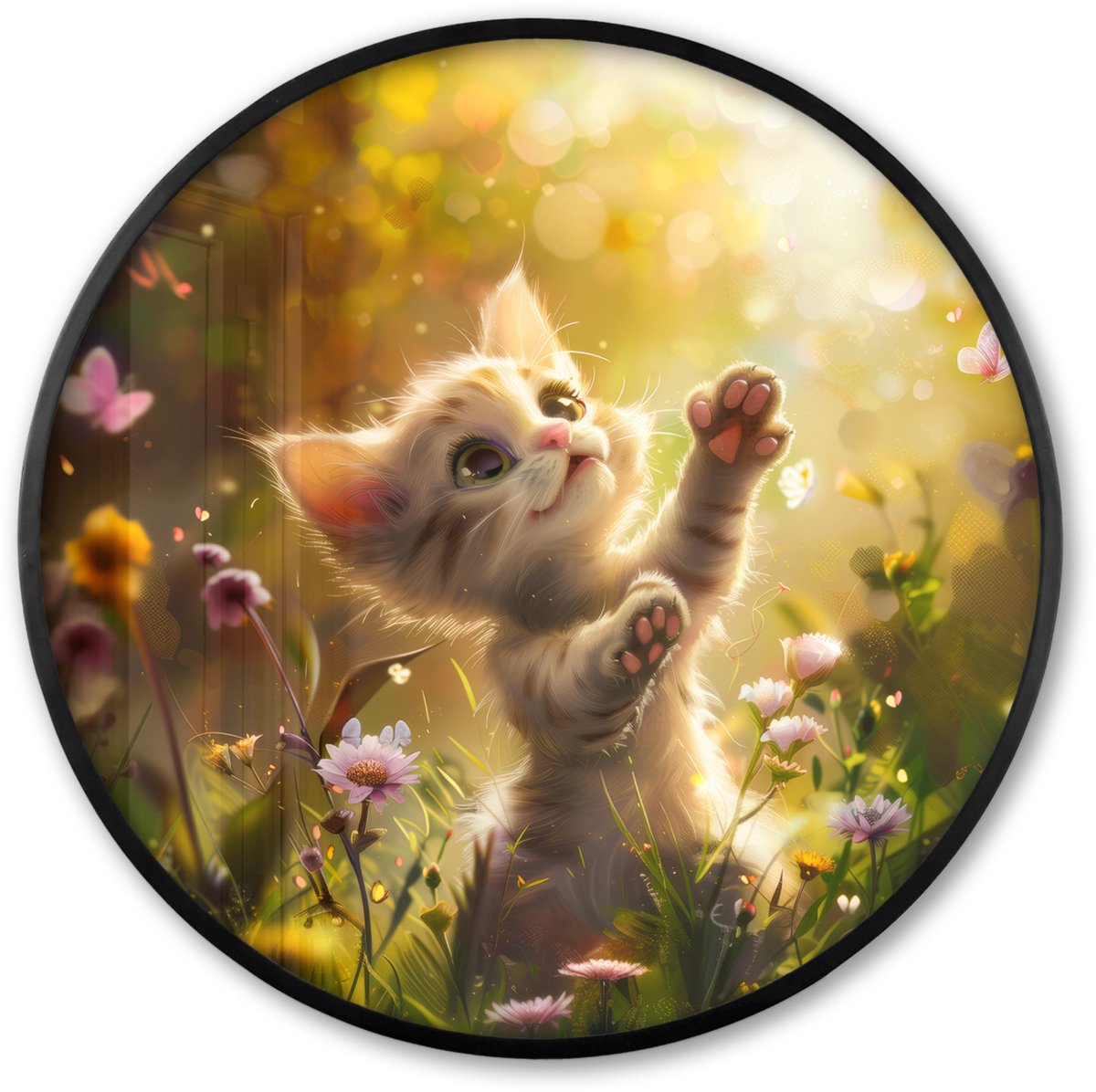FrameYourWall Poster in lijst Rond - Fotolijst 60x60 cm - Posters - Kitten - Dier - Natuur - Bloemen - Ronde posterlijst zwart - Decoratie - Wanddecoratie woonkamer - Muurdecoratie slaapkamer