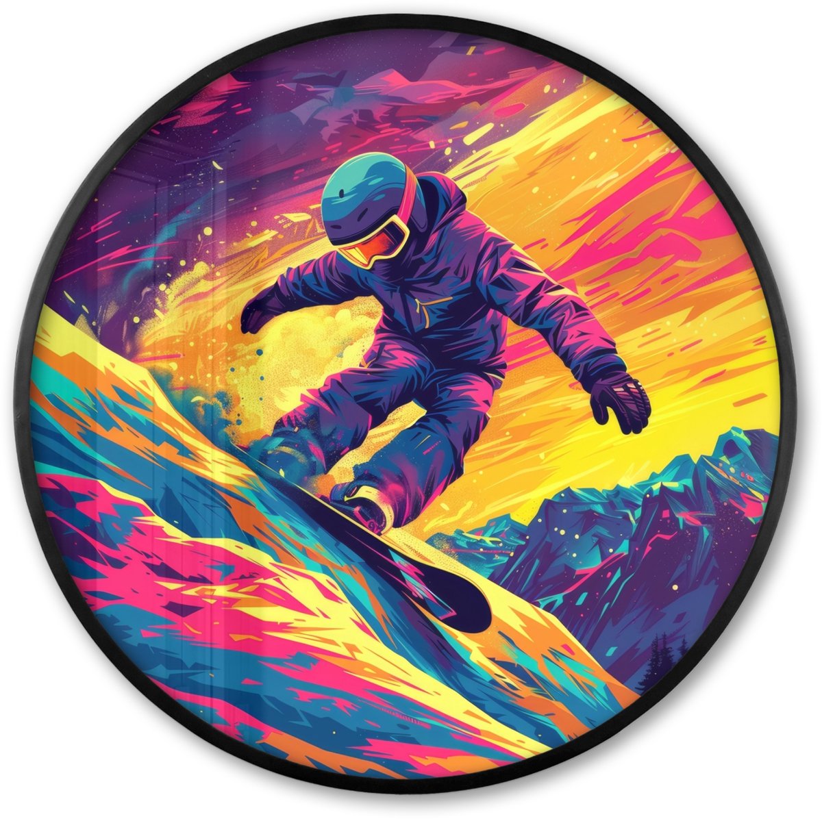 FrameYourWall Poster in lijst Rond - Fotolijst 60x60 cm - Posters - Snowboarden - Sneeuw - Kleurrijk - Ronde posterlijst zwart - Decoratie - Wanddecoratie woonkamer - Muurdecoratie slaapkamer Astronaut - Snowboarden