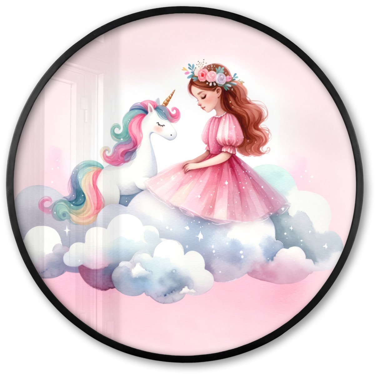 FrameYourWall Poster in lijst Rond - Fotolijst 80x80 cm - Posters - Eenhoorn - Prinses - Unicorn - Roze - Wolken - Ronde posterlijst zwart - Decoratie - Wanddecoratie woonkamer - Muurdecoratie slaapkamer Eenhoorn - Wolk