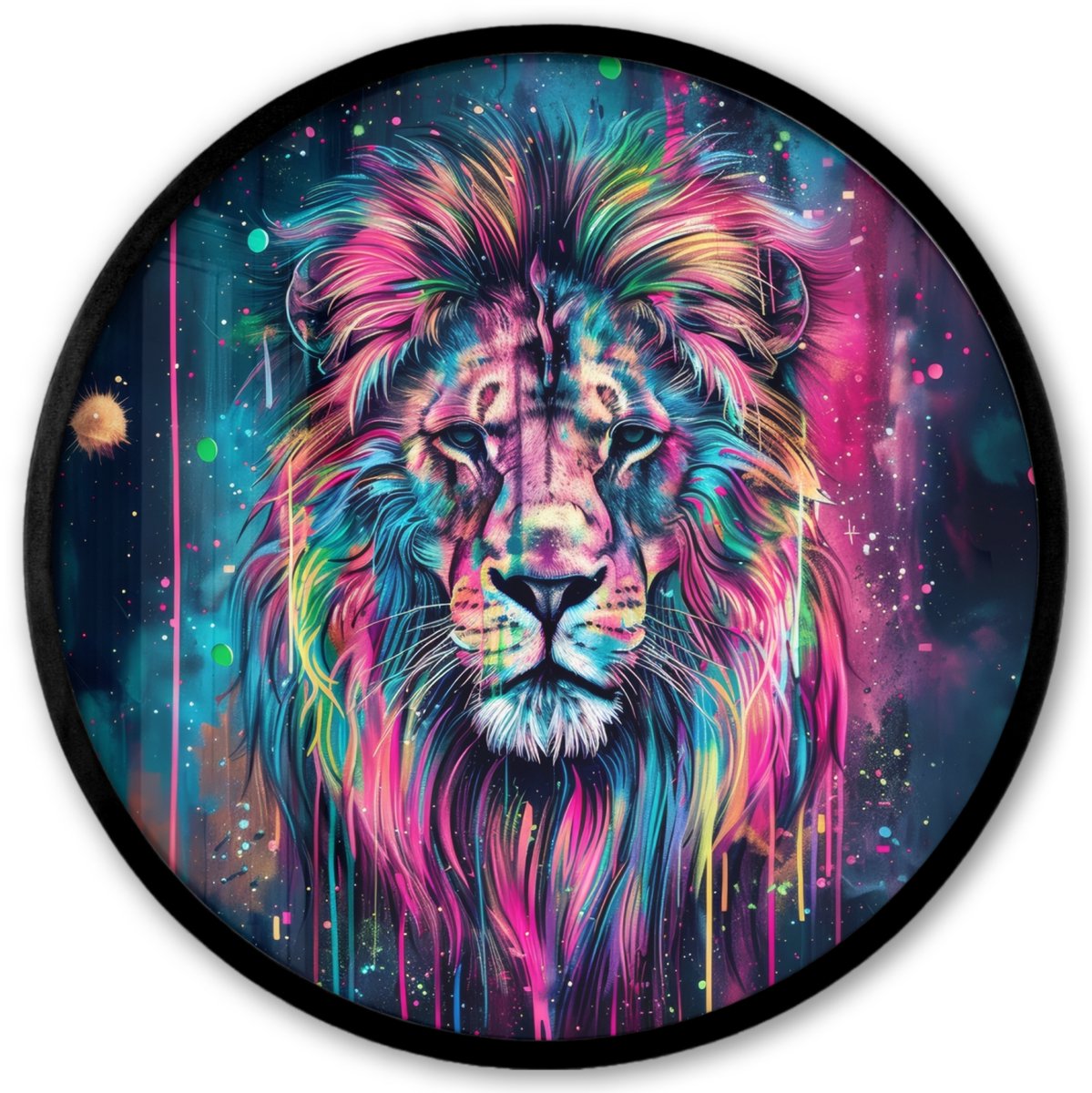 FrameYourWall Poster in lijst Rond - Fotolijst 40x40 cm - Posters - Leeuw - Verf - Kleurrijk - Zwart - Dieren - Ronde posterlijst zwart - Decoratie - Wanddecoratie woonkamer - Muurdecoratie slaapkamer