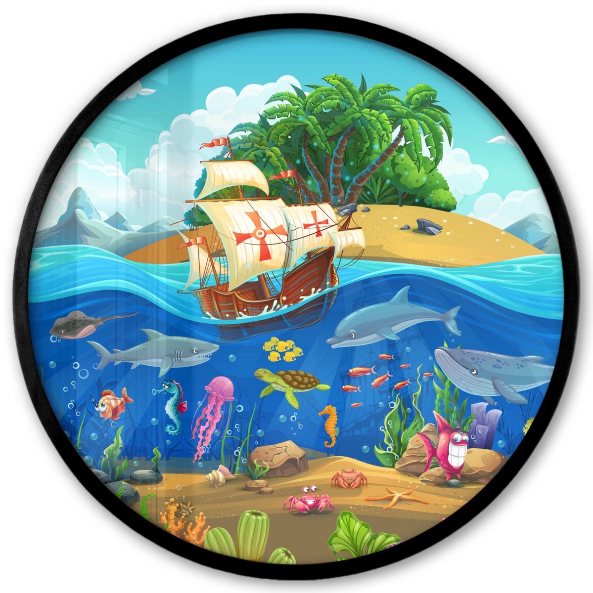 FrameYourWall Poster in lijst Rond - Fotolijst 40x40 cm - Posters - Piratenschip - Onderwater - Zeedieren - Onderwaterwereld - Ronde posterlijst zwart - Decoratie - Wanddecoratie woonkamer - Muurdecoratie slaapkamer