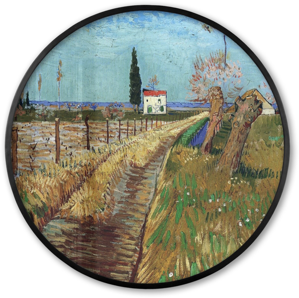FrameYourWall Poster in lijst Rond - Fotolijst 80x80 cm - Posters - Pad door een veld met wilgen - Vincent van Gogh - Ronde posterlijst zwart - Decoratie - Wanddecoratie woonkamer - Muurdecoratie slaapkamer Multicolor
