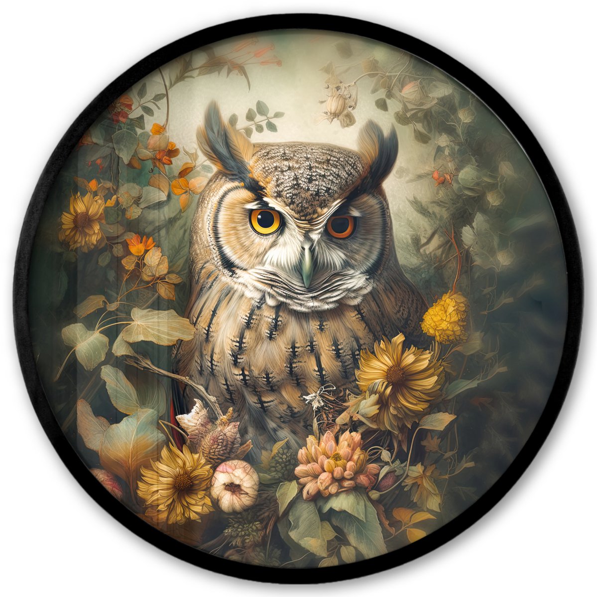 FrameYourWall Poster in lijst Rond - Fotolijst 40x40 cm - Posters - Uil - Vogels - Bloemen - Natuur - Ronde posterlijst zwart - Decoratie - Wanddecoratie woonkamer - Muurdecoratie slaapkamer Uil - Bloemen