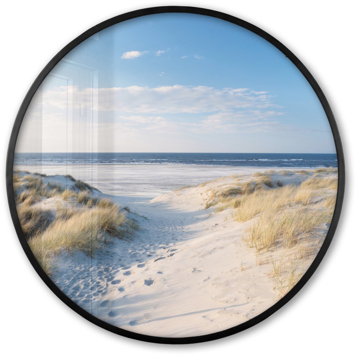 FrameYourWall Poster in lijst Rond - Fotolijst 80x80 cm - Posters - Duin - Meeuw - Strand - Zee - Zon - Ronde posterlijst zwart - Decoratie - Wanddecoratie woonkamer - Muurdecoratie slaapkamer Strand - Meeuw