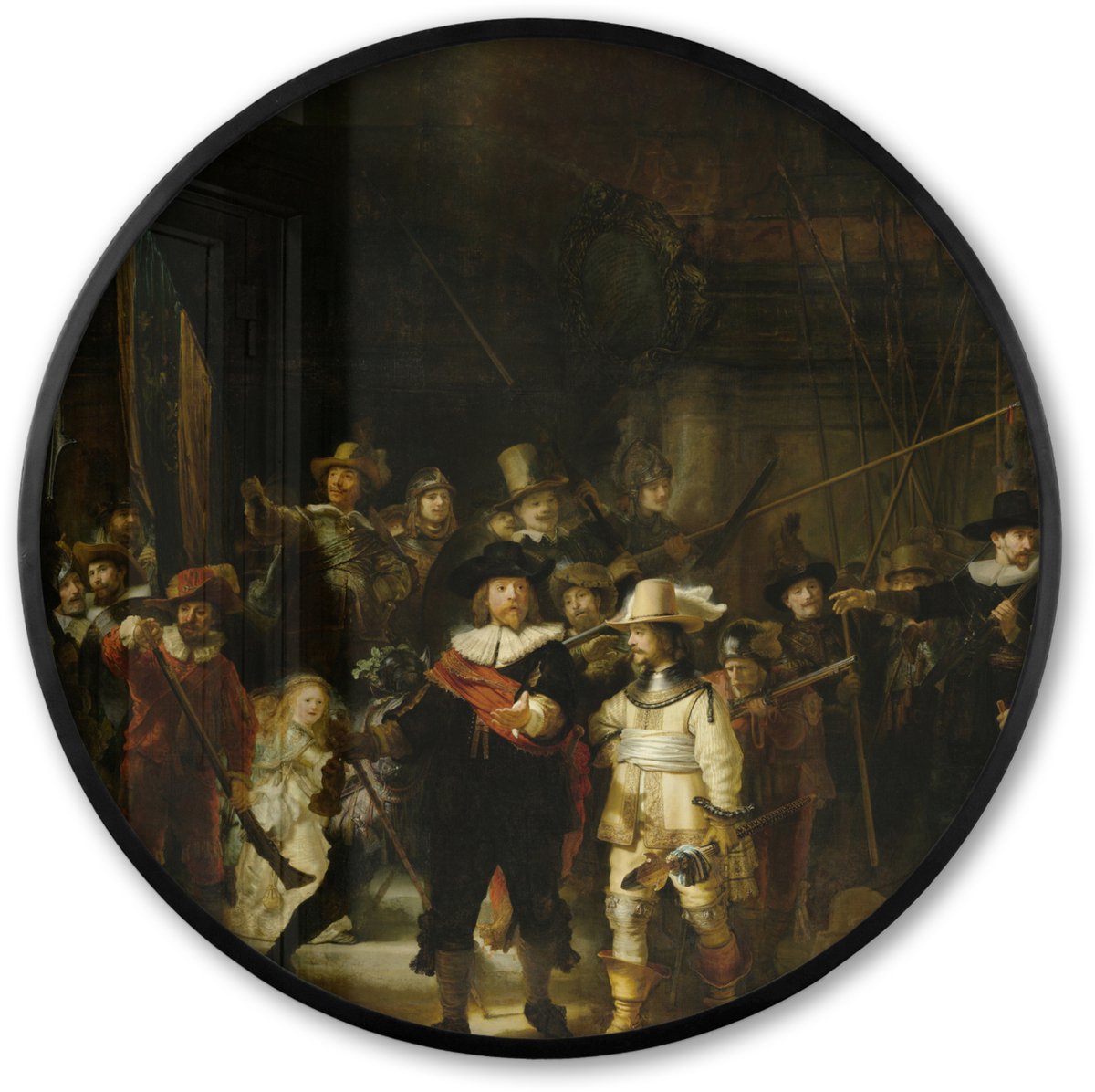 FrameYourWall Poster in lijst Rond - Fotolijst 80x80 cm - Posters - De Nachtwacht - Kunst - Oude meesters - Rembrandt - Ronde posterlijst zwart - Decoratie - Wanddecoratie woonkamer - Muurdecoratie slaapkamer