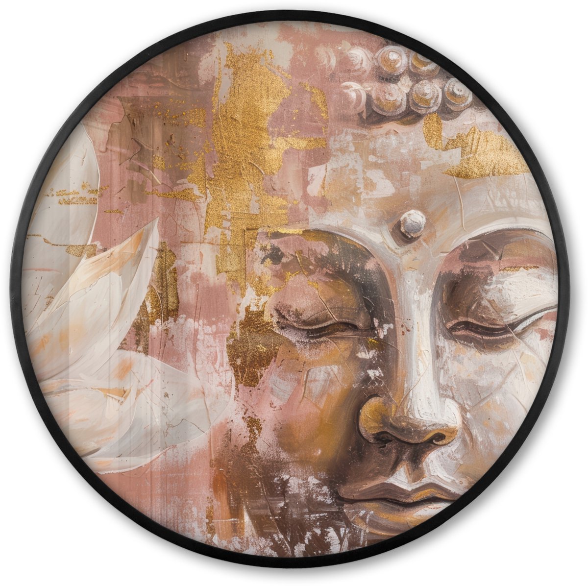FrameYourWall Poster in lijst Rond - Fotolijst 60x60 cm - Posters - Buddha - Bloem - Goud - Roze - Abstract - Ronde posterlijst zwart - Decoratie - Wanddecoratie woonkamer - Muurdecoratie slaapkamer