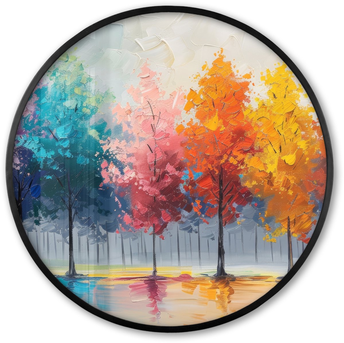 FrameYourWall Poster in lijst Rond - Fotolijst 80x80 cm - Posters - Bomen - Kleurrijk - Natuur - Abstract - Ronde posterlijst zwart - Decoratie - Wanddecoratie woonkamer - Muurdecoratie slaapkamer