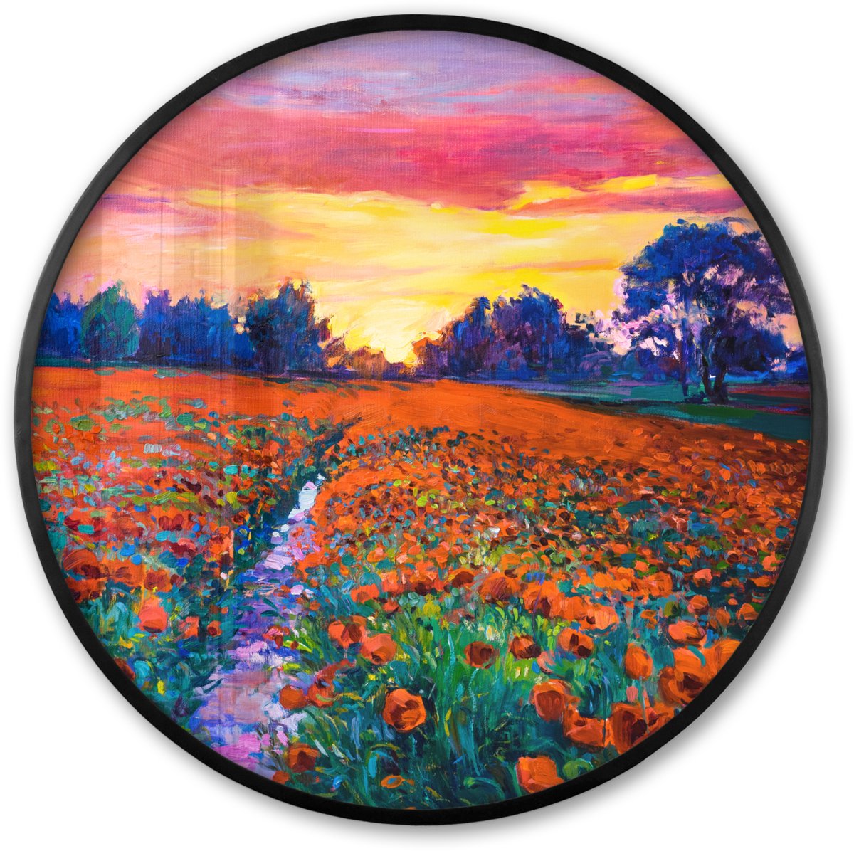 FrameYourWall Poster in lijst Rond - Fotolijst 60x60 cm - Posters - Schilderij - Natuur - Bloemen - Olieverf - Ronde posterlijst zwart - Decoratie - Wanddecoratie woonkamer - Muurdecoratie slaapkamer Multicolor