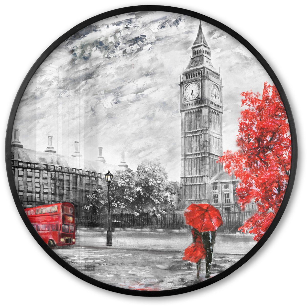 FrameYourWall Poster in lijst Rond - Fotolijst 80x80 cm - Posters - Schilderij - Big Ben - Rood - Paraplu - Ronde posterlijst zwart - Decoratie - Wanddecoratie woonkamer - Muurdecoratie slaapkamer Londen - Rood