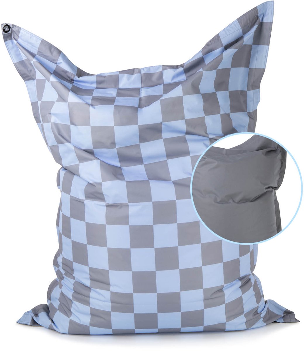 Lumaland XXL Zitzak Karo – 380L Reuze Bean Bag voor Binnen & Buiten, Voor Volwassenen en Kinderen, Waterdicht, Afwasbaar, EPS-vulling, 140×180 cm grijs, wit