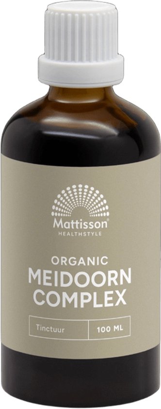 Bruine fles met crèmekleurig etiket: Mattisson Organic Meidoorn Complex Tinctuur 100 ML.