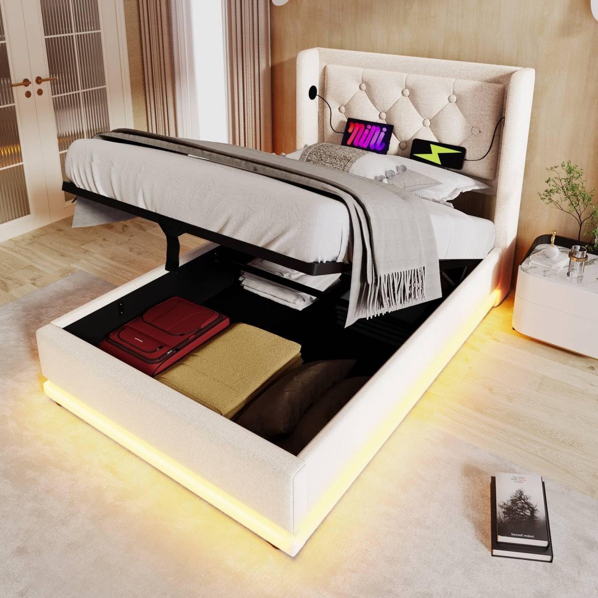 Gewatteerd bed met opbergruimte en USB-oplaadfunctie, 90 x 200 cm, beige