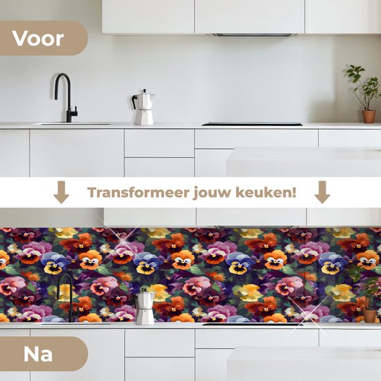 Keuken achterwand 350x60 cm - Spatscherm zelfklevend Viooltjes - Kleuren - Bloemblaadjes - Muurbeschermer - Spatwand fornuis