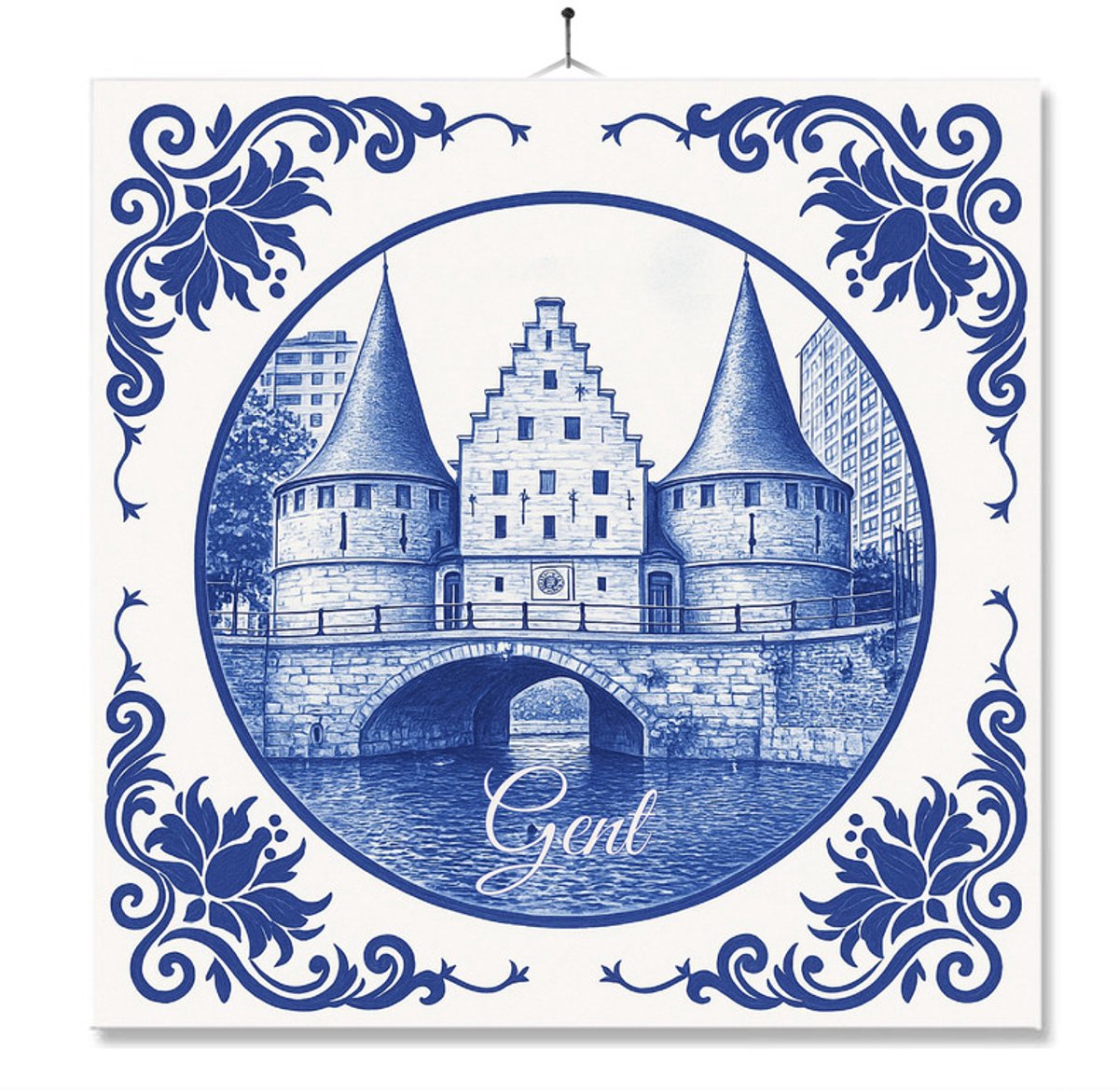 Tegel Met Opdruk | Gent | Delft Blauw | Cadeau | Inclusief Geschenkdoos | Standaard | Ophangsysteem