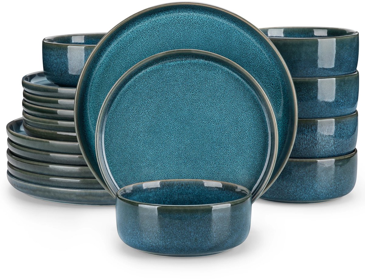 Fubzz Serviesset - 36 Delig - Keramiek - Blauw - Reactief Glazuur - Dinerset Met 12 Dinerborden - 12 Dessertborden - 12 Kommen - Voor 6 Personen