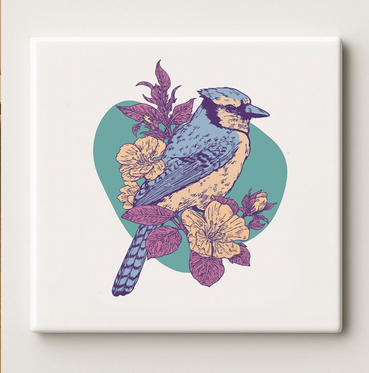 Nevolis Blauwe Vogel met Bloemen Tegel 15x15cm – Elegante Natuur Geïnspireerde Keramische Wandtegel, Prachtige Kunstdecoratie voor Woonkamer, Keuken of Tuin Multi Color