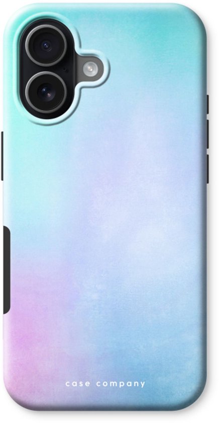 Telefoonhoesje met een aquarelprint in pastelkleuren turquoise, paars en roze. Camera-uitsparing zichtbaar.